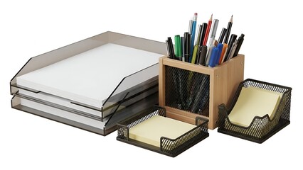 Office desk arrangement paper trays, pen holder, sticky notes, and assorted writing tools