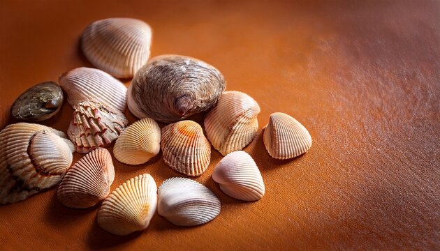 Close Up Of Small Weathered Seashells Resting On A Textured Orange Brown Surface - Powered by Adobe
