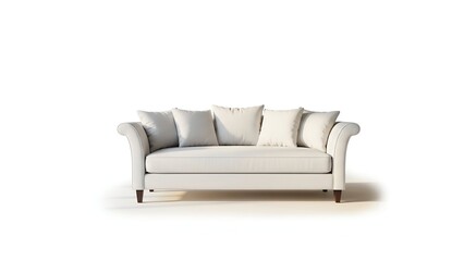A white sofa with curved arms and four pillows against a white background