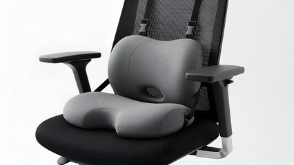 Grey ergonomic cushion set on office chair; supports lower back and seat for comfort