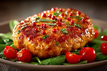 Juicy Chicken Breast Glazed Delight with Greens  Cherry Tomatoes.