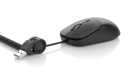 A black computer mouse with a USB connector and a coiled cable