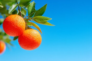 Juicy Oranges Hanging on Branch with Fresh Fruit Against Bright Blue Sky.