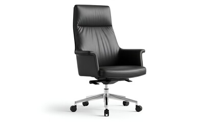 Sleek, high-backed executive office chair with black leather and chrome base on white