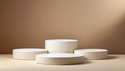 Product Podium Beige Background Three White Podiums