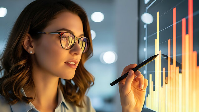 Woman analyzing financial data on a digital screen with a stylus