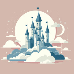 Charming castle atop clouds with a full moon in a whimsical and dreamy illustration