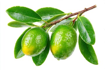 Kumquat Citrus Twig Fresh Green Fruits on White Background.
