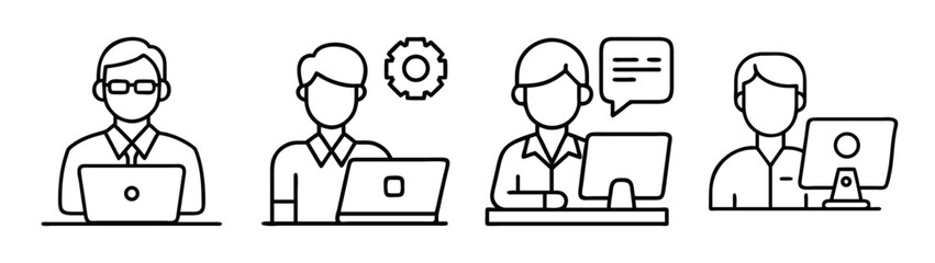 Team of developers working on laptops and computers vector illustration outline style design