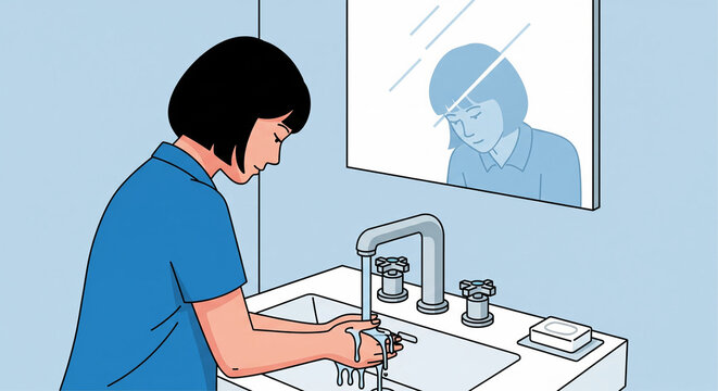 Young woman washing hands thoroughly at sink, promoting hygiene and health in a clean bathroom, perfect for health campaigns and wellness promotions