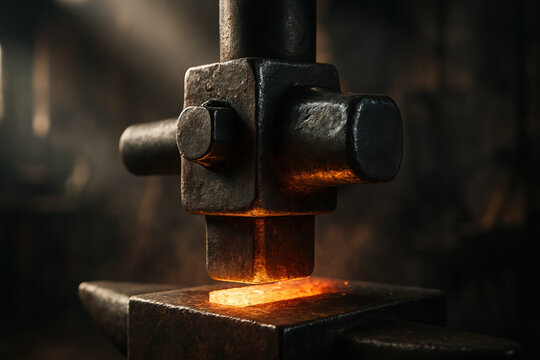 Close-up of a blacksmith's hammer forging hot metal on an anvil in a workshop