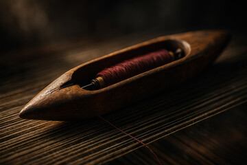 Wooden weaving shuttle with red thread on a traditional loom