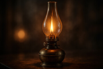 Vintage oil lamp glowing with warm light on a dark wooden surface