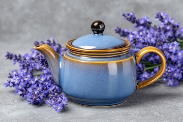 Lavender Dreams Blue teapot with aromatic lavender on grey stone.