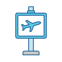 Blue airport sign displaying airplane icon against black background