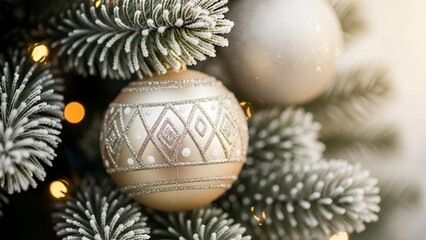 Close-up of gold and silver ornaments on a snow-dusted evergreen bough with soft lighting