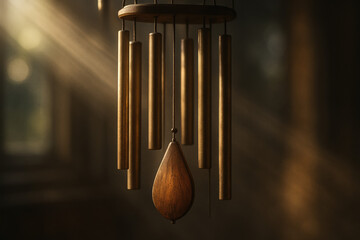 Close-up of a decorative wind chime with a wooden teardrop pendant