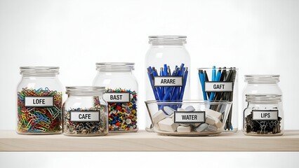 Jars of office supplies and other items neatly labeled on a wooden shelf