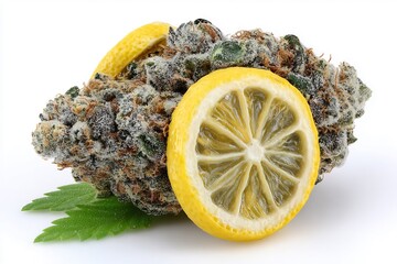 Lemon Haze Cannabis Bud with Fresh Lemon Slices on White Background.