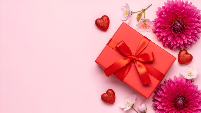 Romantic red gift box with vibrant pink flowers and hearts creates a stunning Valentine's Day or anniversary celebration card design with love and joy