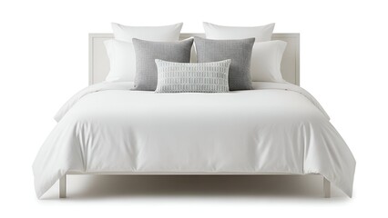 Clean shot of a bed with white and gray bedding and pillows against a white background