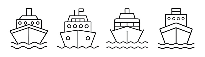 Outline drawing of cruise ships, ocean liners, and cargo vessels for nautical themed coloring pages