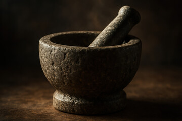 Rustic stone mortar and pestle on a wooden surface, perfect for culinary use