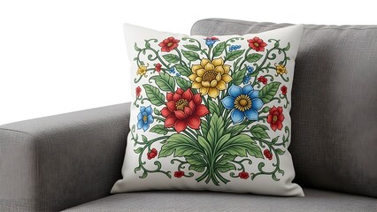 Decorative floral throw pillow on a gray sofa, bright colors and detailed design