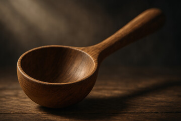 Close-up of a wooden spoon on a rustic wooden table with soft lighting