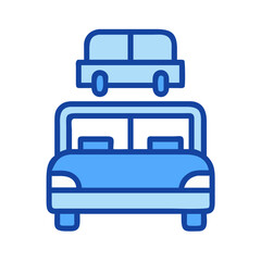 Blue vehicle carrier transporting a smaller car on black