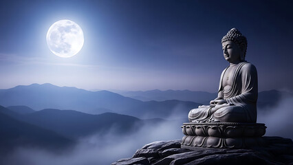 Serene buddha statue meditating on a mountain peak under a full moon