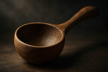 Close-up of a handcrafted wooden scoop on a dark wooden surface