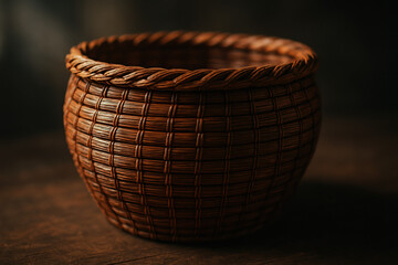 Close-up of a woven brown basket on a wooden surface with soft lighting