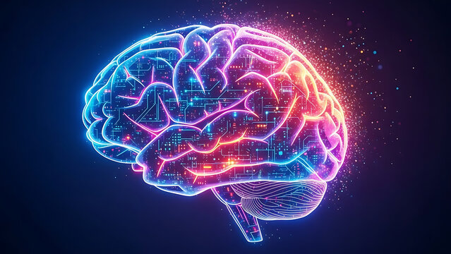 Abstract glowing brain with neon lights and digital particles