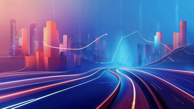 The navigation marker stands out brightly against the atmospheric backdrop of a futuristic metropolis, perfect for designing high-tech presentations.
