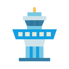 Flat illustration of an airport control tower in blue tones