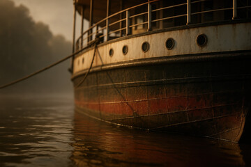 Vintage riverboat at dawn, moored on calm water with a misty background