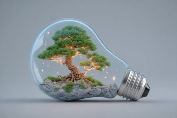 Lightbulb Ecosystem Miniature Tree Thriving Inside with Sustainable Future.