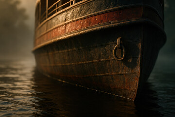 Dramatic view of a weathered ship's bow on calm water, evoking a sense of mystery