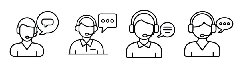 Customer service call center agents with headsets and speech bubbles line art vector design