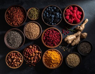 Nutrient Mosaic: Colorful Superfoods and Spices in Rustic Bowls