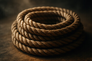 Coiled rope on a wooden surface, close-up shot with a shallow depth of field