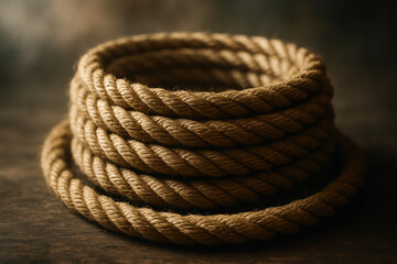 Coiled rope on a wooden surface, close-up shot with soft lighting and texture