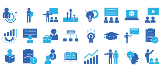 Flat solid upskill icon set featuring training, learning, course, certificate, growth, and online class. Ideal for UI, apps, and education.