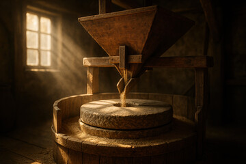 Old millstone grinding grain with sunlight streaming through a window