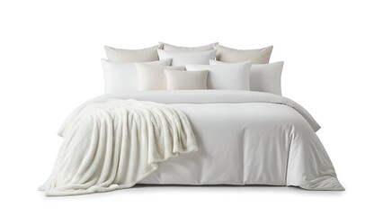 Luxurious white bedding arrangement on a bed with multiple pillows and a soft throw