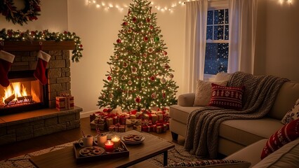 Cozy living room at night decorated for Christmas, complete with tree, fire, and gifts