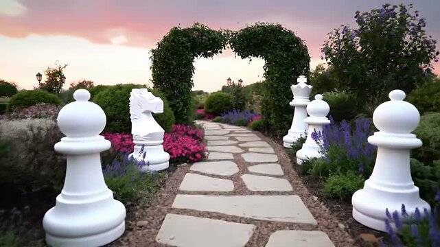 A Tranquil Sunset Pathway Through a Classical Garden Framed by White Statues and Blooming Flowers