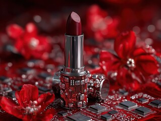 Bold lipstick rests on a red circuit board with flowers