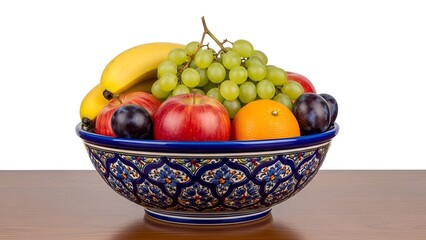 Vibrant bowl overflowing with mixed fresh fruit on a wooden table, white background